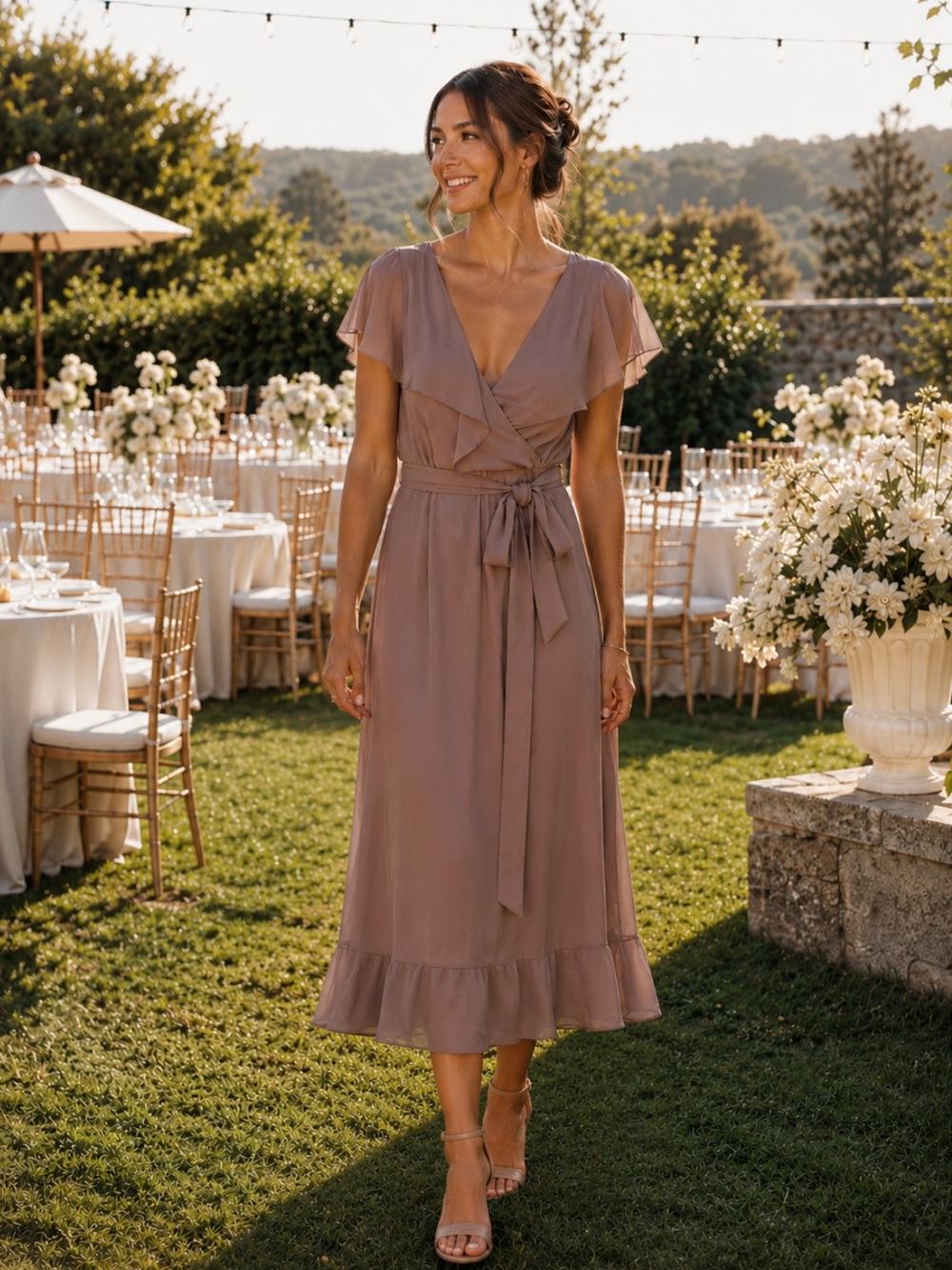 NWT Show Me Your MuMu Jess Ruffle Midi Chiffon Wrap Dress Wedding Formal Bridal